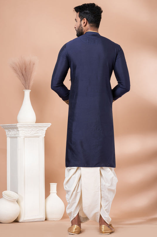 Embroidery Navy Blue Viscose Graceful Readymade Men Kurta Pyjama For Festive Wear