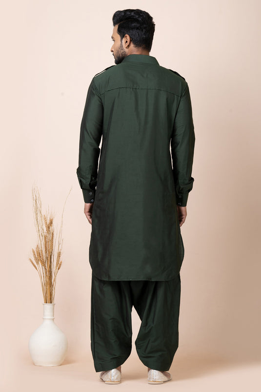 Elegant Viscose Fabric Dark Green Color Pathani Kurta Pyjama Set