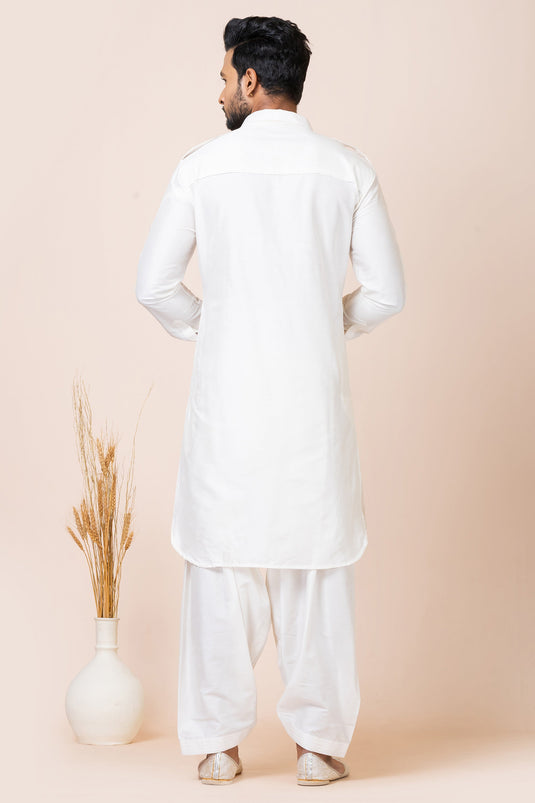 Traditional White Color Viscose Fabric Pathani Kurta Pyjama Set For Men