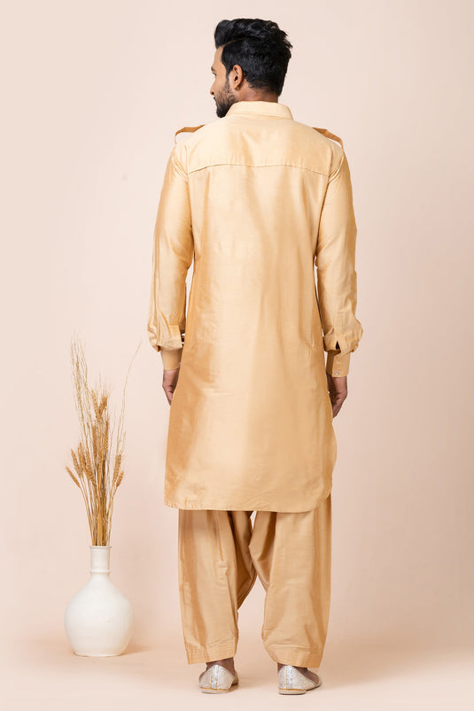 Festive Fashion Viscose Fabric Chikoo Color Pathani Kurta Pyjama Set