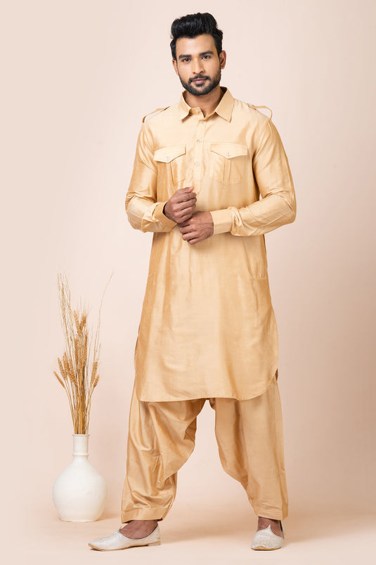 Festive Fashion Viscose Fabric Chikoo Color Pathani Kurta Pyjama Set