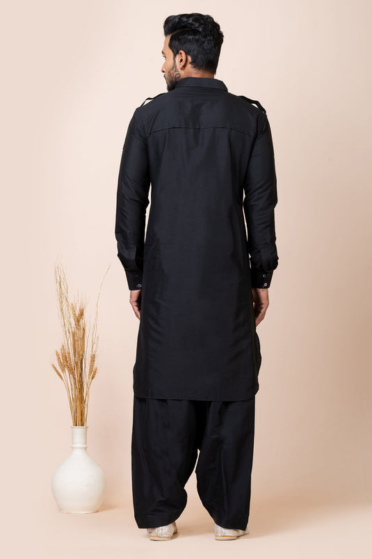 Stylish Viscose Fabric Black Color Pathani Kurta Pyjama Set For Function