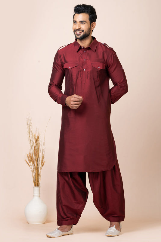 Contemporary Maroon Color Viscose Fabric Pathani Kurta Pyjama Set For Men