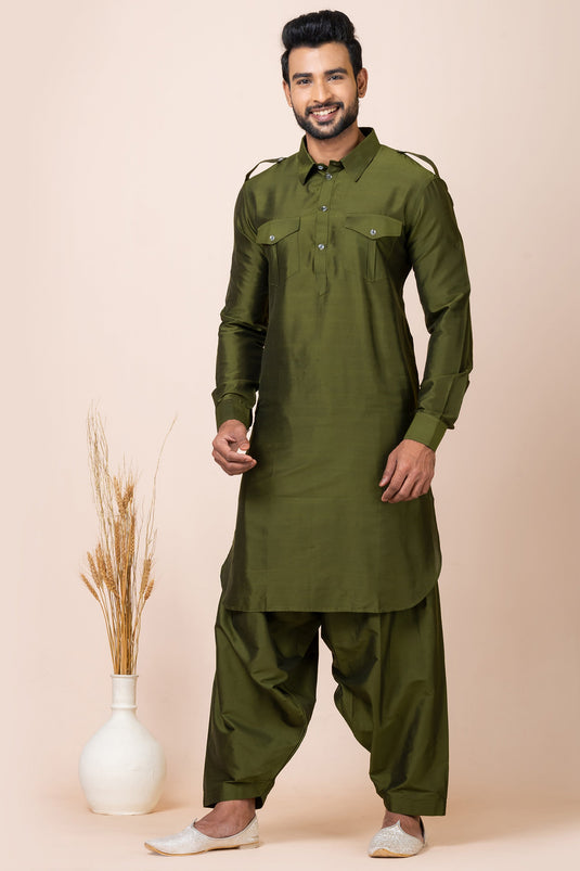 Vibrant Olive Color Viscose Fabric Pathani Kurta Pyjama Set For Festive