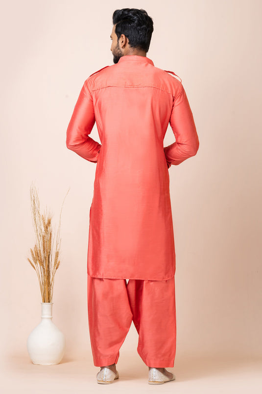 Artistic Viscose Fabric Peach Color Pathani Kurta Pyjama Set For Function