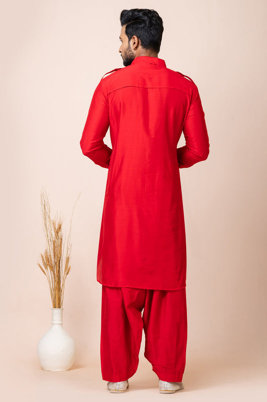 Classic Viscose Fabric Red Color Pathani Kurta Pyjama Set For Function
