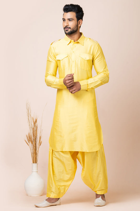 Traditional Viscose Fabric Pathani Kurta Pyjama Set In Yellow Color