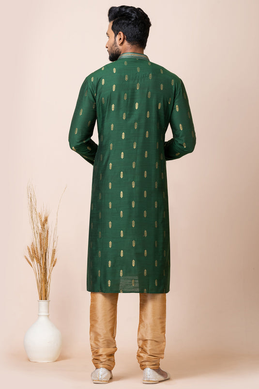 Dazzling Green Color Readymade Kurta Pyjama In Jacquard Fabric