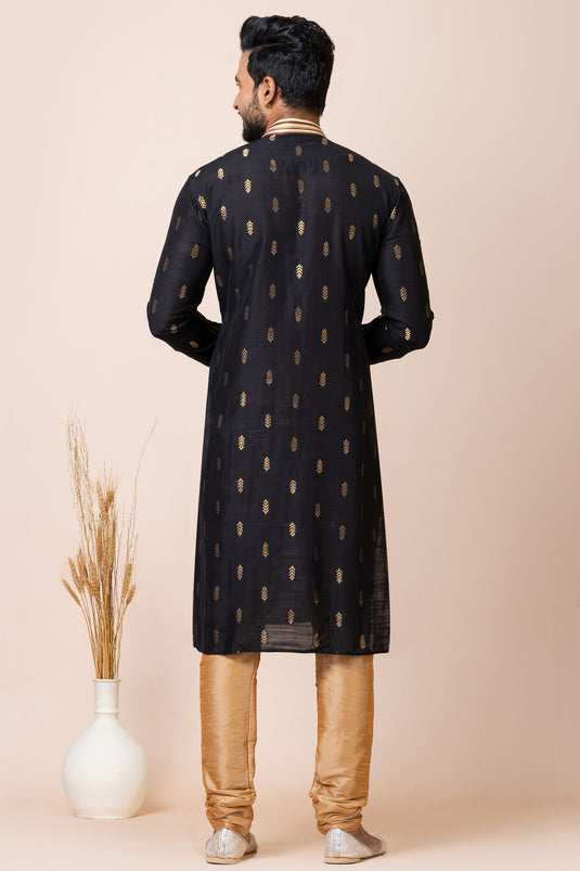 Entrancing Jacquard Fabric Readymade Kurta Pyjama In Black Color