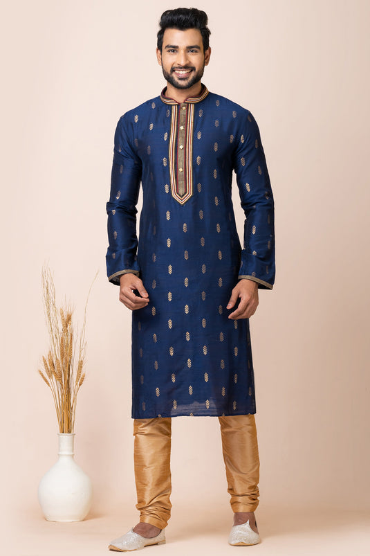 Charming Navy Blue Color Jacquard Fabric Readymade Kurta Pyjama