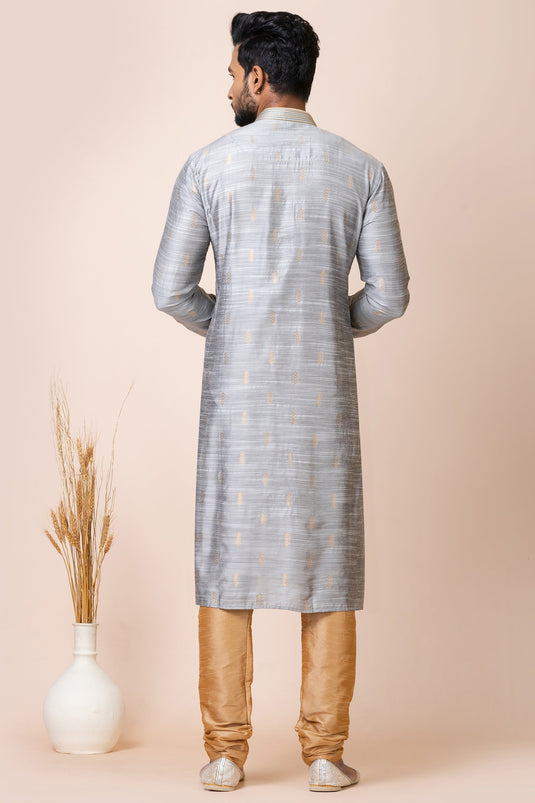 Mesmeric Grey Color Readymade Kurta Pyjama In Jacquard Fabric
