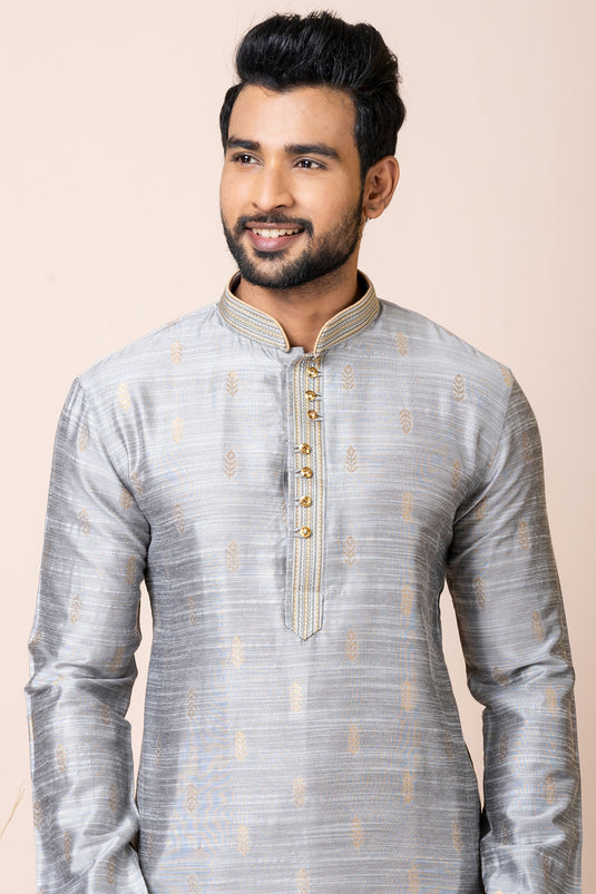 Mesmeric Grey Color Readymade Kurta Pyjama In Jacquard Fabric