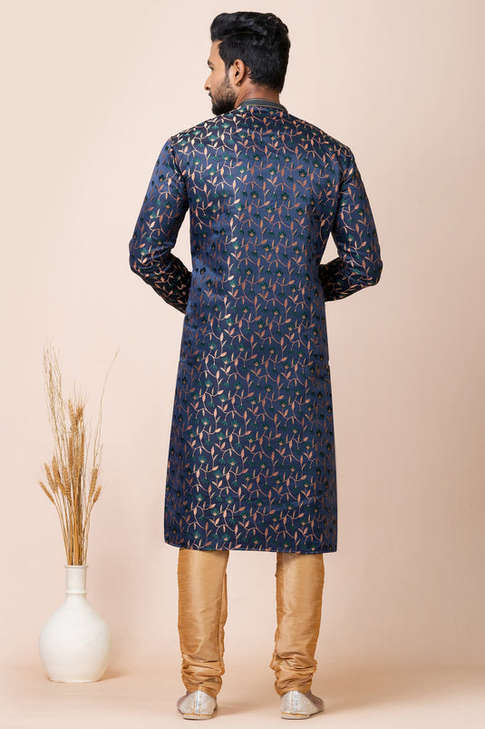 Radiant Navy Blue Color Readymade Jacquard Fabric Kurta Pyjama