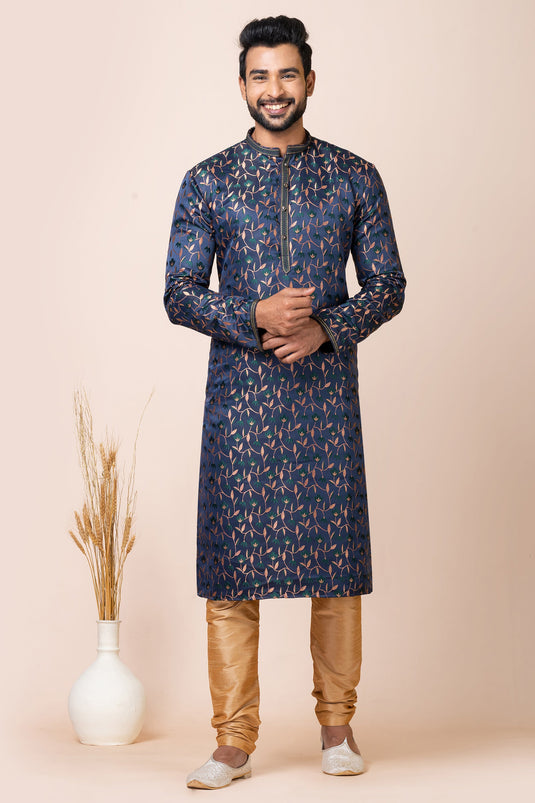 Radiant Navy Blue Color Readymade Jacquard Fabric Kurta Pyjama
