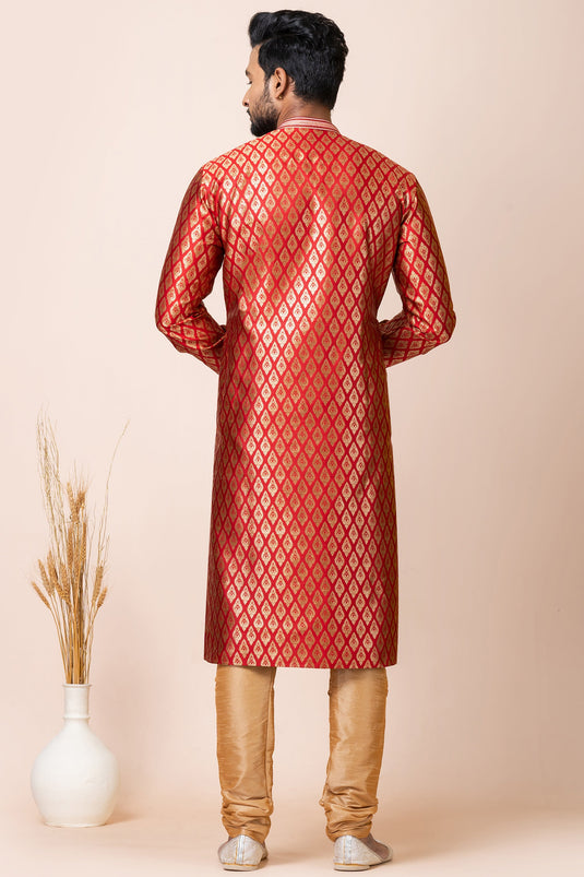 Red Color Jacquard Fabric Trendy Readymade Kurta Pyjama