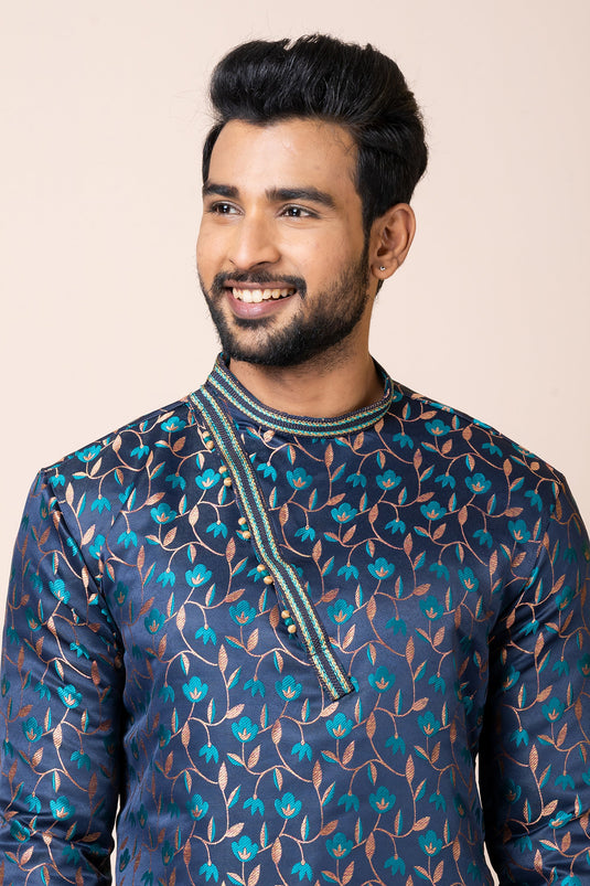 Beguiling Navy Blue Color Jacquard Fabric Readymade Kurta Pyjama