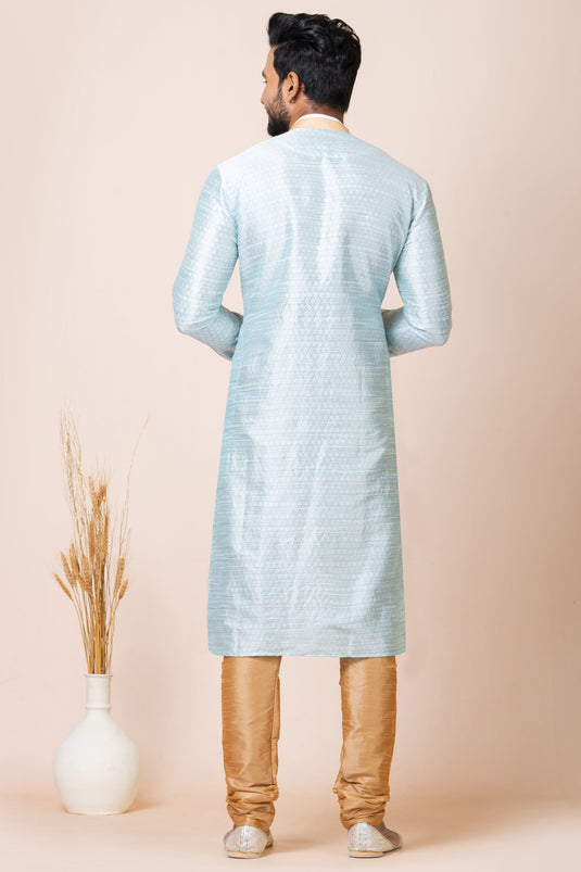 Classic Sky Blue Color Readymade Kurta Pyjama In Jacquard Fabric