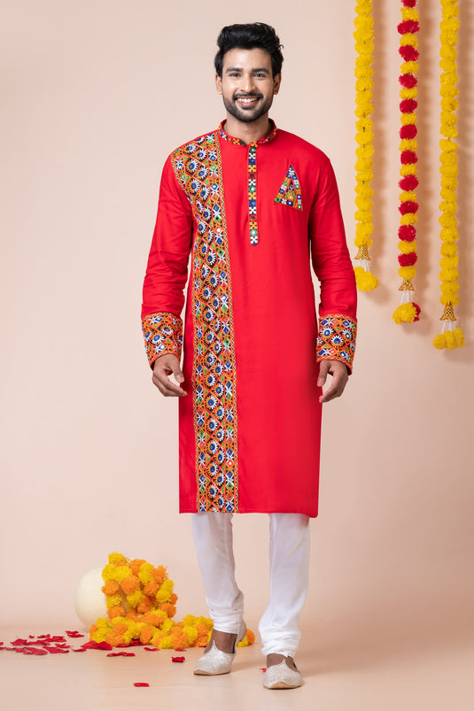 Stunning Red Color Readymade Men Kurta Pyjama