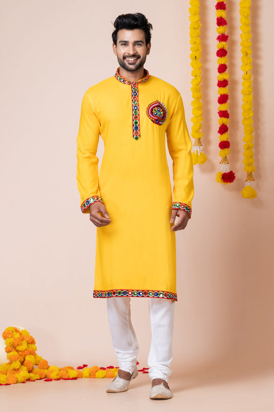 Yellow Color Readymade Lovely Kurta Pyjama For Men