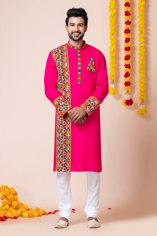 Pretty Heavy Rayon Fabric Readymade Men Kurta Pyjama In Pink Color