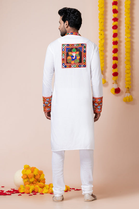 White Color Readymade Heavy Rayon Fabric Kurta Pyjama For Men