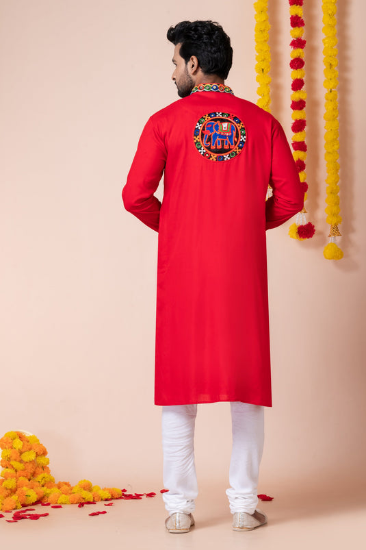 Heavy Rayon Fabric Readymade Red Color Kurta Pyjama For Men