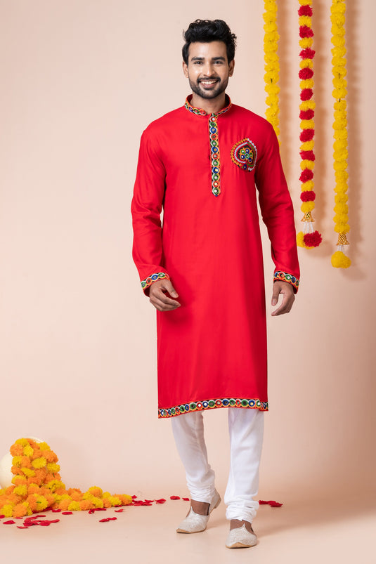 Heavy Rayon Fabric Readymade Red Color Kurta Pyjama For Men