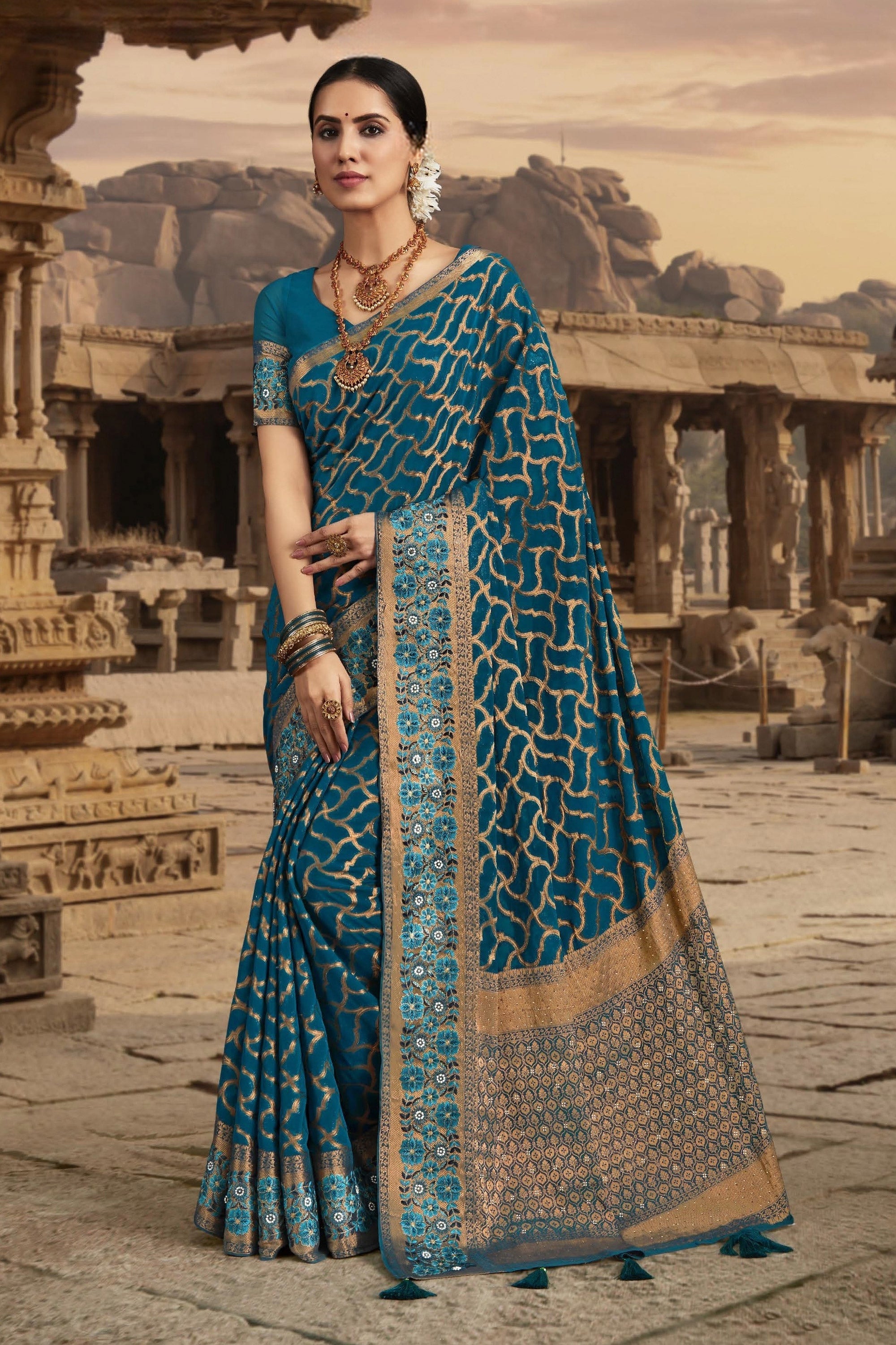 Incredible Border Work On Chiffon Fabric Teal Color Saree – Sarees Bazaar
