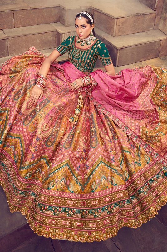 Embroidery Work Silk Fabric Designer Bridal Lehenga In Multi Color With  Blouse