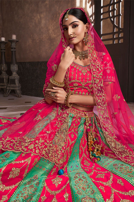 Dazzling Embroidered Work On Multi Color Bridal Lehenga In Silk Fabric