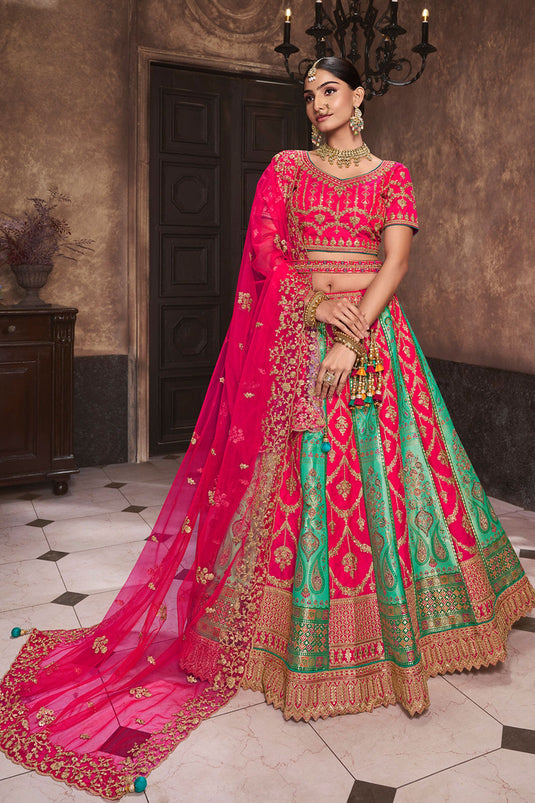 Dazzling Embroidered Work On Multi Color Bridal Lehenga In Silk Fabric