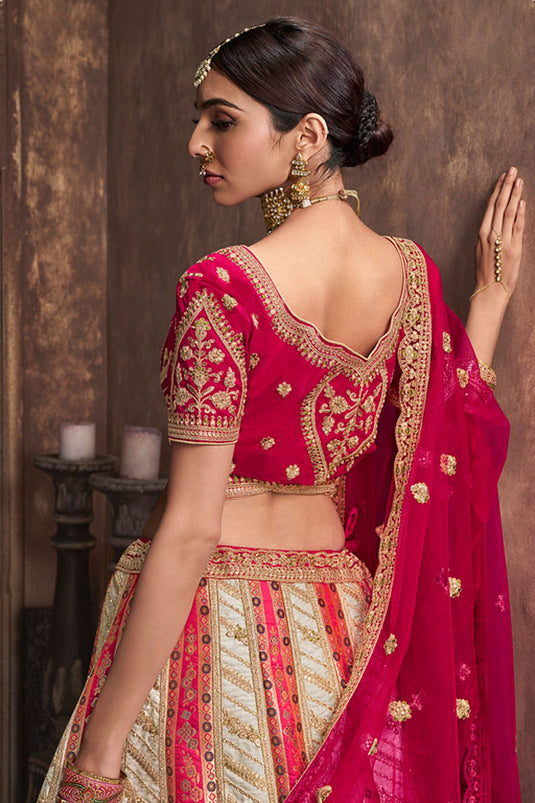 Multi Color Charming Silk Fabric Bridal Lehenga With Embroidered Work