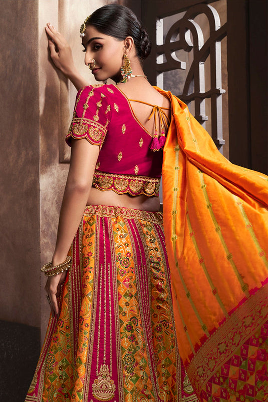 Mesmeric Multi Color Embroidered Work On Bridal Lehenga In Silk Fabric