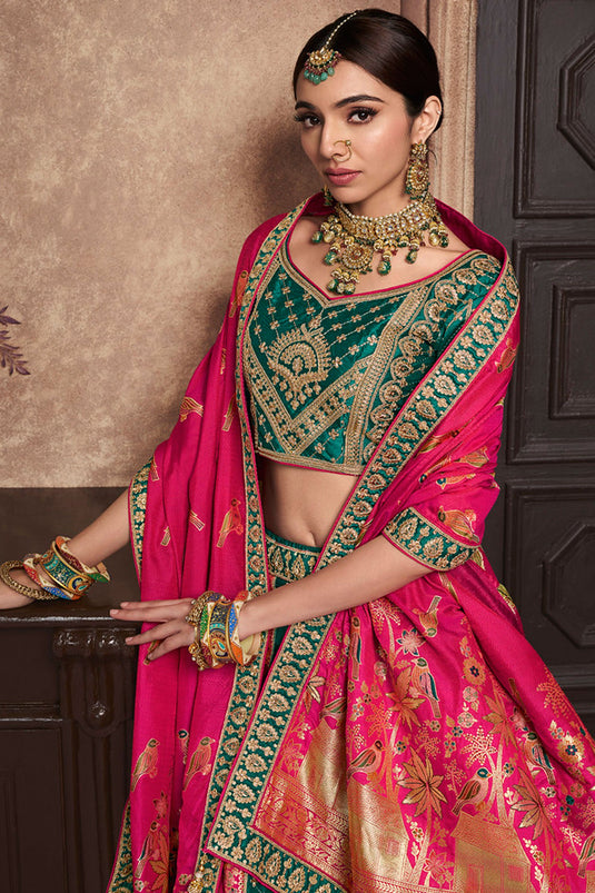 Excellent Silk Fabric Green Color Bridal Lehenga With Embroidered Work