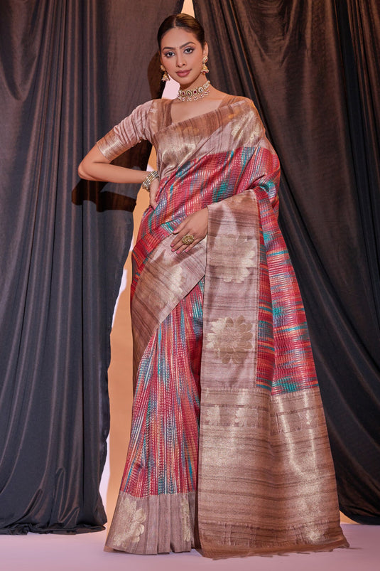 Attractive Red Color Weaving Print Tussar Silk Designer Saree