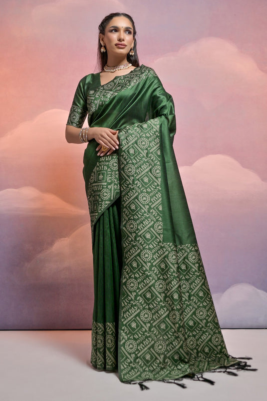 Handloom Raw Silk Weaving Border Work Saree In Dark Green Color