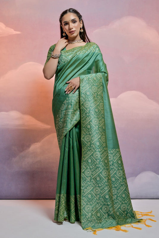 Sea Green Color Handloom Raw Silk Fancy Weaving Border Work Saree