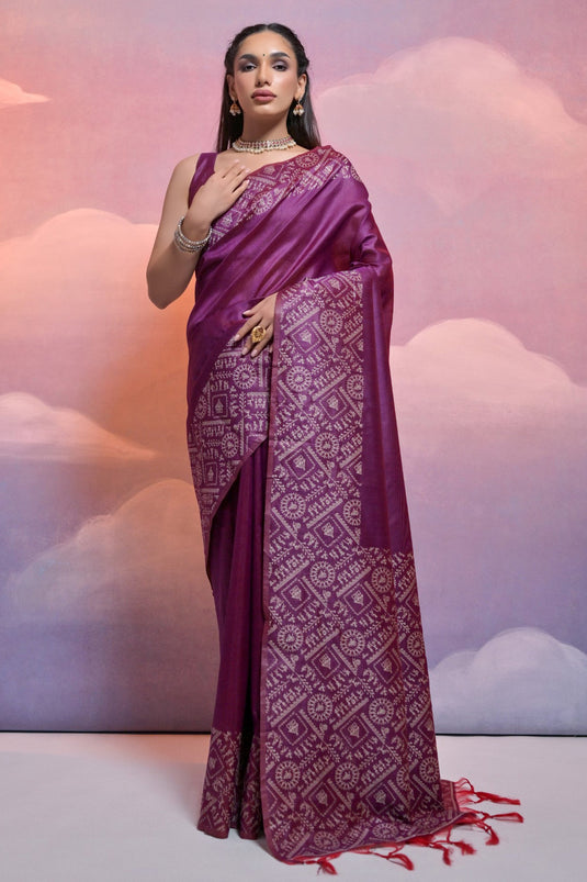 Attractive Purple Color Weaving Border Work Handloom Raw Silk Traditional Saree