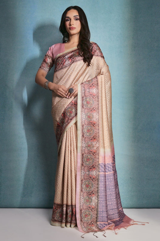 Attractive Beige Printed Border Work Cotton Silk Fabric Traditional Saree