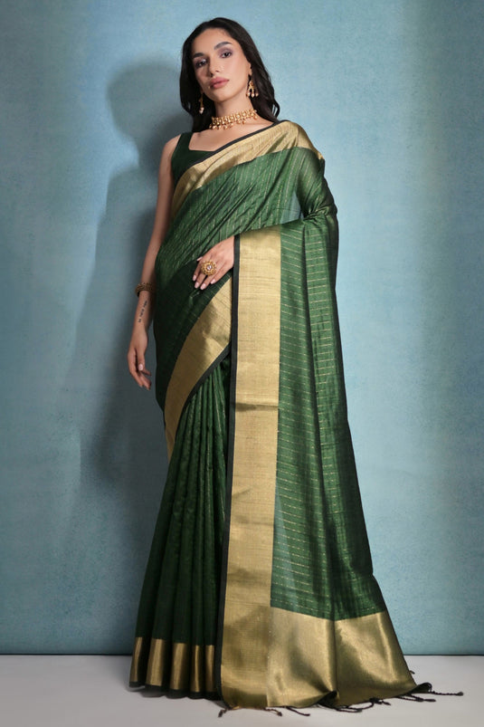 Attractive Green Color Zari Border Work Art Silk Fabric Traditional Saree