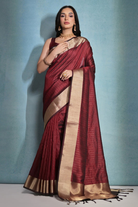 Delightful Maroon Color Zari Border Work Art Silk Fabric Function Wear Saree