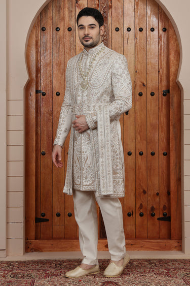 Heritage Beige Art Silk Heavy Hand Embroidered Groom Sherwani