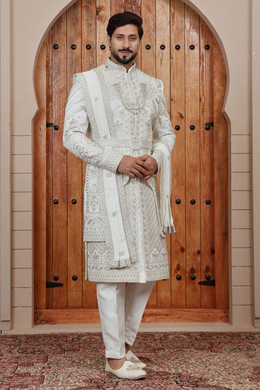 Cream Hand Embroidered Art Silk Groom Sherwani