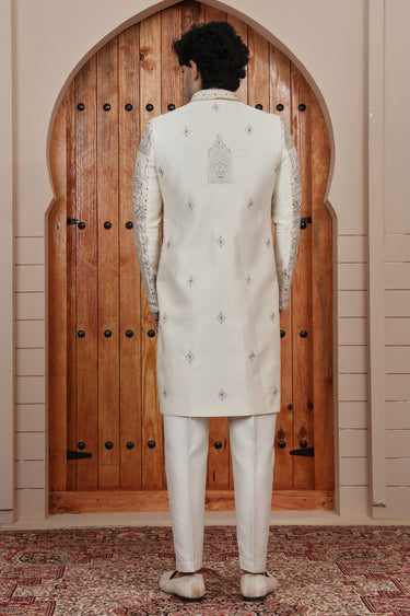 Regal Art Silk Heavy Hand Embroidered Beige Groom Sherwani