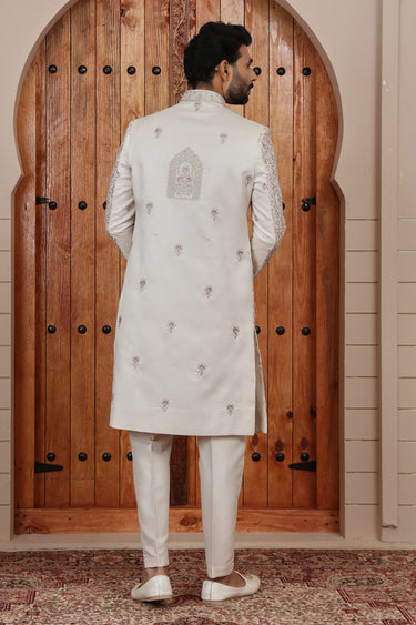 Vintage Heavy Hand Embroidered Art Silk Beige Groom Sherwani