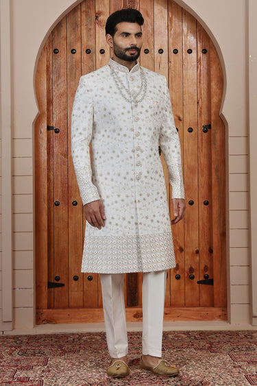 Chic Art Silk Cream Heavy Hand Embroidered Groom Sherwani
