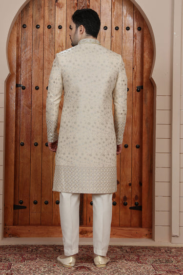 Heritage Art Silk Beige Hand Embroidered Indo Western Groom Sherwani