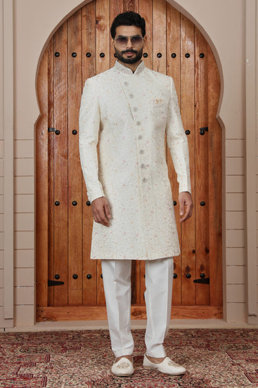 Elegant Art Silk Off White Embroidered Wedding Ceremony Sherwani