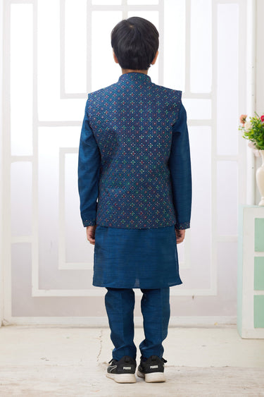 Art Silk Blue Function Wear Boys Readymade Kurta Pyjama With Designer Jacket