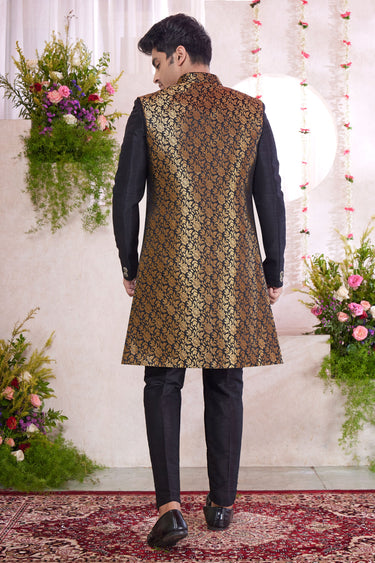 Black Wedding Wear Readymade Glamorous Indo Western For Men In Jacquard Art Silk Fabric